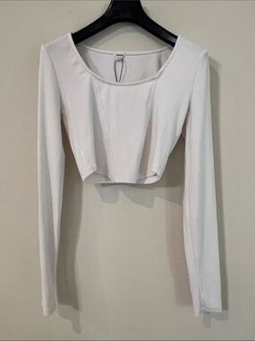 Garage White Ribbed Square Neck Corset Seam Long Sleeve Crop Top Size M NWT